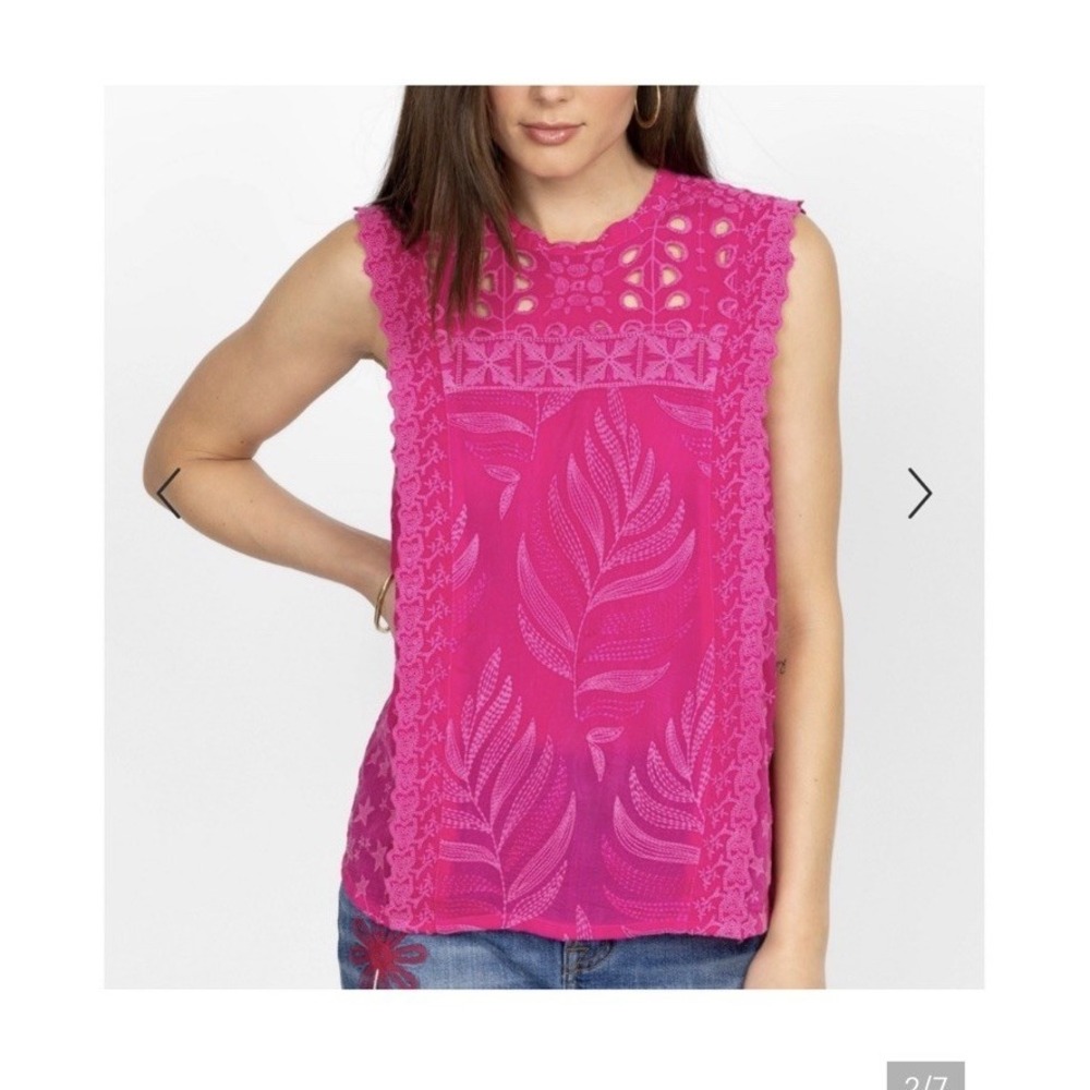 NEW Johnny Was Concetta Blouse Pink Leafy Print Boho L Embroidered Stars‎ Ruffle